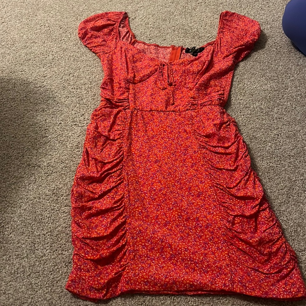 Red and Pink Floral Ruched Mini Dress - Size Small